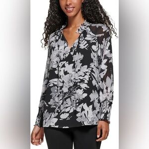 Calvin Klein Modern Essentials Chiffon Floral Blouse Size 2X NWT Black Gray